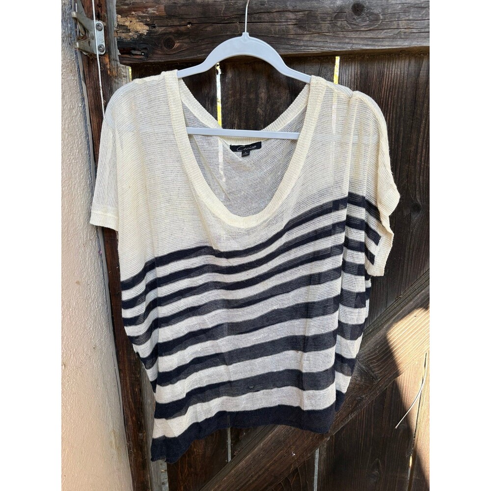 Cecilie short-sleeve V-neck boxy top featuring a semi-sheer knit